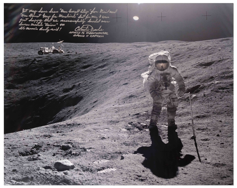 Charlie Duke Signed 20'' x 16'' Lunar Photo -- ''It may have been 'one small step' for Neil...I was just happy that we successfully landed our lunar module 'Orion'...''